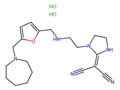 Propanedinitrile, (1-(2-(((5-((hexahydro-1H-azepin-1-yl)methyl)-2-furanyl)methyl)amino)ethyl)-2-imidazolidinylidene)-, dihydrochloride structure