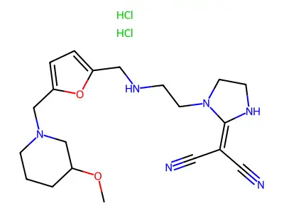 Propanedinitrile, (1-(2-(((5-((3-methoxy-1-piperidinyl)methyl)-2-furanyl)methyl)amino)ethyl)-2-imidazolidinylidene)-, dihydrochloride structure
