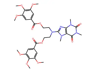 Benzoic acid, 3,4,5-trimethoxy-, ((2,3,6,7-tetrahydro-1,3,7-trimethyl-2,6-dioxo-1H-purin-8-yl)imino)di-2,1-ethanediyl ester structure