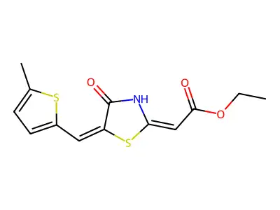 Ethyl (E)-2-((E)-5-((5-methylthiophen-2-yl)methylene)-4-oxothiazolidin-2-ylidene)acetate structure