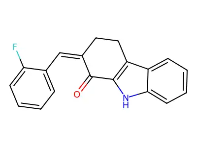 2-[(Z)-(2-fluorophenyl)methylidene]-4,9-dihydro-1H-carbazol-1(3H)-one structure