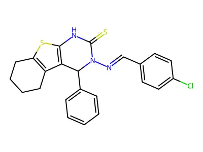 (1)Benzothieno(2,3-d)pyrimidine-2(1H)-thione, 3,4,5,6,7,8-hexahydro-3-(((4-chlorophenyl)methylene)amino)-4-phenyl- structure