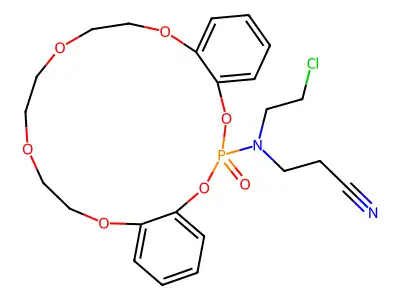 Propanenitrile, 3-((2-chloroethyl)(6,7,9,10,12,13-hexahydrodibenzo(d,p)(1,3,6,9,12,15,2)hexaoxaphosphacycloheptadecin-20-yl)amino)-, P-oxide structure