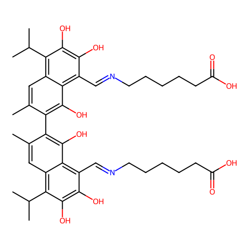 6,6'-(((1Z,1'Z)-(1,1',6,6'-tetrahydroxy-5,5'-diisopropyl-3,3'-dimethyl-7,7'-dioxo-[2,2'-binaphthalene]-8,8'(7H,7'H)-diylidene)bis(methanylylidene))bis(azanediyl))dihexanoic acid structure