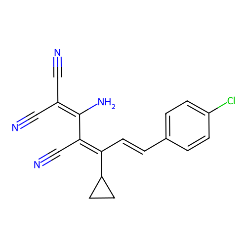 (3E,5E)-2-amino-6-(4-chlorophenyl)-4-cyclopropylhexa-1,3,5-triene-1,1,3-tricarbonitrile structure