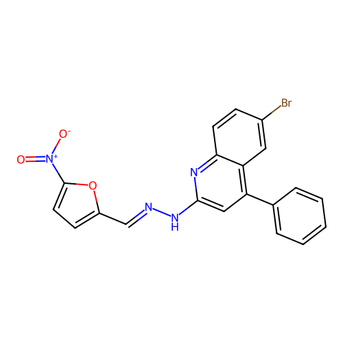 (E)-6-bromo-2-(2-((5-nitrofuran-2-yl)methylene)hydrazinyl)-4-phenylquinoline structure