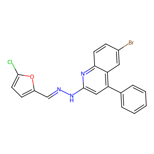 6-bromo-2-{(2E)-2-[(5-chlorofuran-2-yl)methylidene]hydrazinyl}-4-phenylquinoline structure