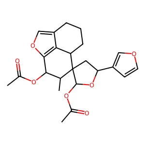 Spiro(furan-3(2H),6'-(6H)naphtho(1,8-bc)furan)-2,8'-diol, 5-(3-furanyl)-3',4,4',5,5',5'a,7',8'-octahydro-7'-methyl-, diacetate, (5'aS-(5'aalpha,6'beta(2R*,5R*),7'beta,8'beta))- structure