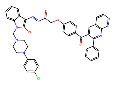 Acetic acid, (4-((2-phenyl-1,8-naphthyridin-3-yl)carbonyl)phenoxy)-, (1-((4-(4-chlorophenyl)-1-piperazinyl)methyl)-1,2-dihydro-2-oxo-3H-indol-3-ylidene)hydrazide structure