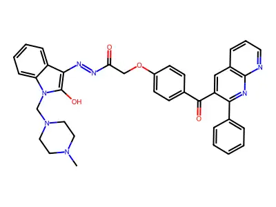 Acetic acid, (4-((2-phenyl-1,8-naphthyridin-3-yl)carbonyl)phenoxy)-, (1,2-dihydro-1-((4-methyl-1-piperazinyl)methyl)-2-oxo-3H-indol-3-ylidene)hydrazide structure