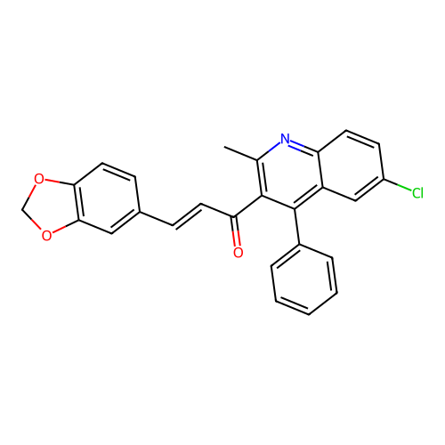 (E)-3-(benzo[d][1,3]dioxol-5-yl)-1-(6-chloro-2-methyl-4-phenylquinolin-3-yl)prop-2-en-1-one structure