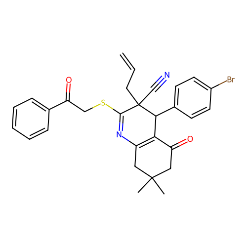 3-allyl-4-(4-bromophenyl)-7,7-dimethyl-5-oxo-2-((2-oxo-2-phenylethyl)thio)-3,4,5,6,7,8-hexahydroquinoline-3-carbonitrile structure