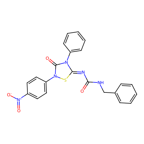 1-Benzyl-3-[2-(4-nitro-phenyl)-3-oxo-4-phenyl-[1,2,4]thiadiazolidin-(5Z)-ylidene]-urea structure