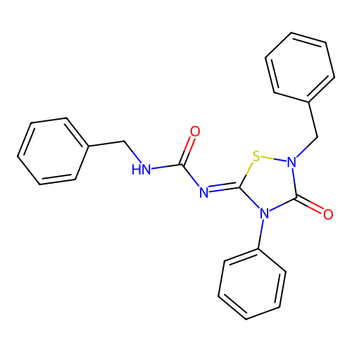 (3Z)-1-benzyl-3-(2-benzyl-3-oxo-4-phenyl-1,2,4-thiadiazolidin-5-ylidene)urea structure