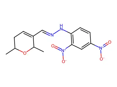 N-[(2,6-dimethyl-3,6-dihydro-2H-pyran-5-yl)methylideneamino]-2,4-dinitroaniline structure