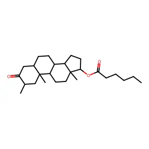 5alpha-Androstan-3-one, 17beta-hydroxy-2alpha-methyl-, hexanoate structure