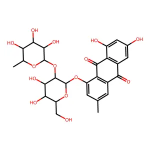 1,6,8-trihydroxy-3-methylanthraquinone 1-O-rhamnosyl(1-2)glucoside structure