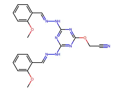 2,4-Di-(2-methoxybenzylidene)hydrazino-6-cyanomethoxy-s-triazine structure