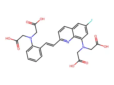 2-[2-[2-[8-[bis(carboxymethyl)amino]-6-fluoroquinolin-2-yl]ethenyl]-N-(carboxymethyl)anilino]acetic acid structure