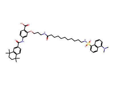 2-[3-[11-[[5-(dimethylamino)naphthalen-1-yl]sulfonylamino]undecanoylamino]propoxy]-4-[(5,5,8,8-tetramethyl-6,7-dihydronaphthalene-2-carbonyl)amino]benzoic acid structure