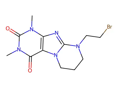 9-(2-bromoethyl)-1,3-dimethyl-1,2,3,4,6,7,8,9-octahydropyrimido[2,1-f]purine-2,4-dione structure