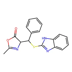 4-(1H-Benzimidazol-2-ylsulfanyl(phenyl)methyl)-2-methyl-4H-1,3-oxazol-5-one structure