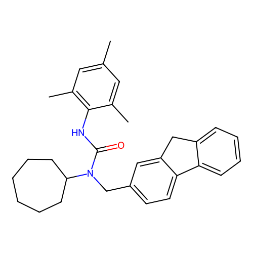 1-cycloheptyl-1-(9H-fluoren-2-ylmethyl)-3-(2,4,6-trimethylphenyl)urea structure