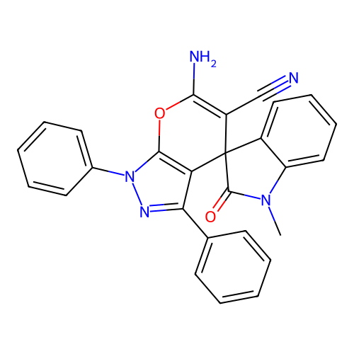 6'-amino-1-methyl-2-oxo-1',3'-diphenyl-1,2-dihydro-1'H-spiro[indole-3,4'-pyrano[2,3-c]pyrazole]-5'-carbonitrile structure
