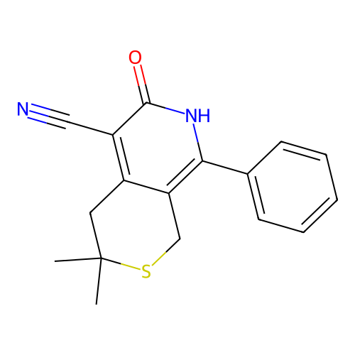 3,3-dimethyl-6-oxo-8-phenyl-3,4,6,7-tetrahydro-1H-thiopyrano[3,4-c]pyridine-5-carbonitrile structure