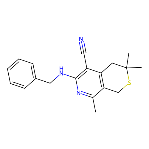 6-(benzylamino)-3,3,8-trimethyl-3,4-dihydro-1H-thiopyrano[3,4-c]pyridine-5-carbonitrile structure