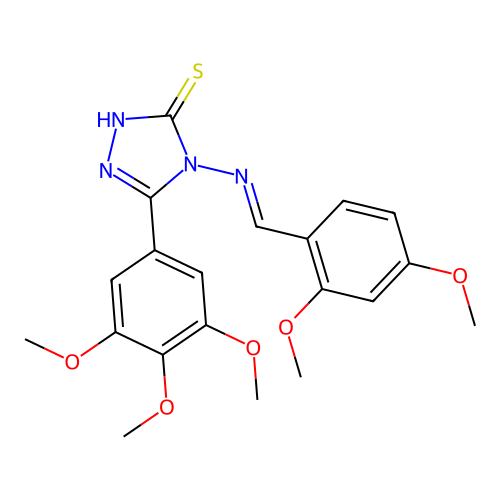 (E)-4-((2,4-dimethoxybenzylidene)amino)-5-(3,4,5-trimethoxyphenyl)-4H-1,2,4-triazole-3-thiol structure