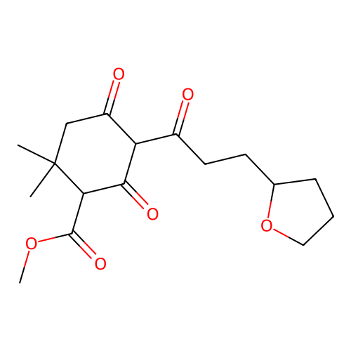 methyl 2,2-dimethyl-4,6-dioxo-5-(3-(tetrahydrofuran-2-yl)propanoyl)cyclohexanecarboxylate structure