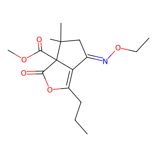 methyl (6E)-6-ethoxyimino-4,4-dimethyl-3-oxo-1-propyl-5H-cyclopenta[c]furan-3a-carboxylate structure