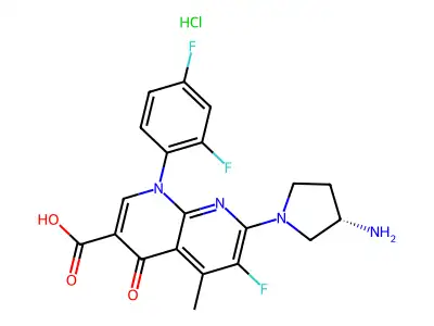 1,8-Naphthyridine-3-carboxylic acid, 1,4-dihydro-7-(3-amino-1-pyrrolidinyl)-1-(2,4-difluorophenyl)-6-fluoro-5-methyl-4-oxo-, hydrochloride, hydrate (1:1:2), (S)- structure