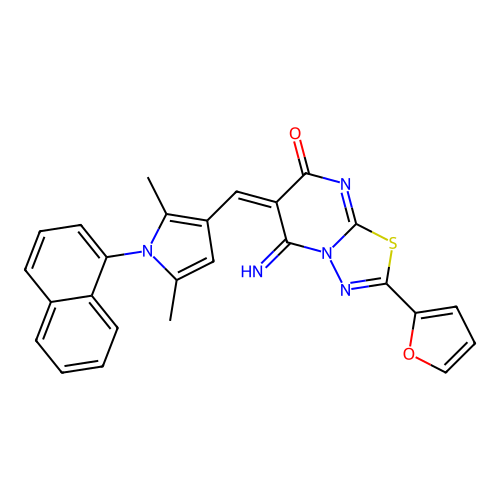 (E)-6-((2,5-dimethyl-1-(naphthalen-1-yl)-1H-pyrrol-3-yl)methylene)-2-(furan-2-yl)-5-imino-5H-[1,3,4]thiadiazolo[3,2-a]pyrimidin-7(6H)-one structure
