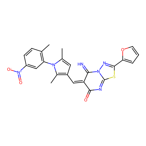 (E)-6-((2,5-dimethyl-1-(2-methyl-5-nitrophenyl)-1H-pyrrol-3-yl)methylene)-2-(furan-2-yl)-5-imino-5H-[1,3,4]thiadiazolo[3,2-a]pyrimidin-7(6H)-one structure