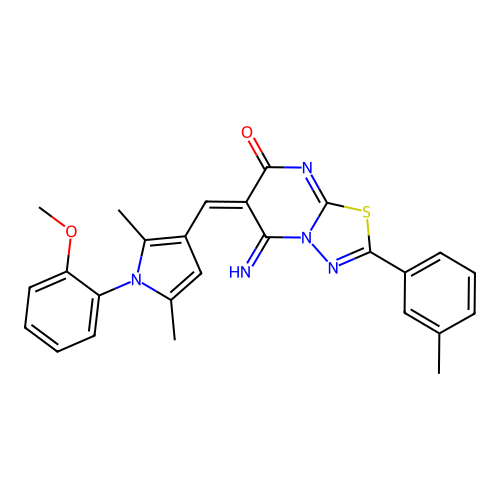 (E)-5-imino-6-((1-(2-methoxyphenyl)-2,5-dimethyl-1H-pyrrol-3-yl)methylene)-2-(m-tolyl)-5H-[1,3,4]thiadiazolo[3,2-a]pyrimidin-7(6H)-one structure
