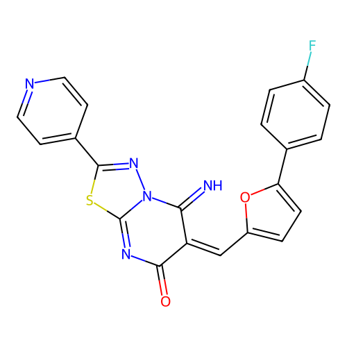 (6E)-6-[[5-(4-fluorophenyl)furan-2-yl]methylidene]-5-imino-2-pyridin-4-yl-[1,3,4]thiadiazolo[3,2-a]pyrimidin-7-one structure