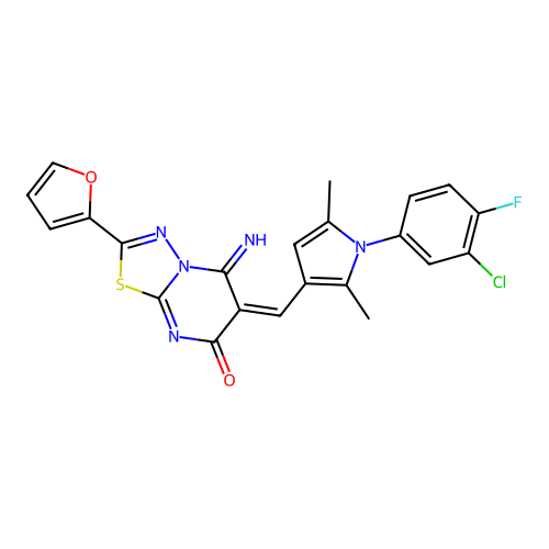 (E)-6-((1-(3-chloro-4-fluorophenyl)-2,5-dimethyl-1H-pyrrol-3-yl)methylene)-2-(furan-2-yl)-5-imino-5H-[1,3,4]thiadiazolo[3,2-a]pyrimidin-7(6H)-one structure