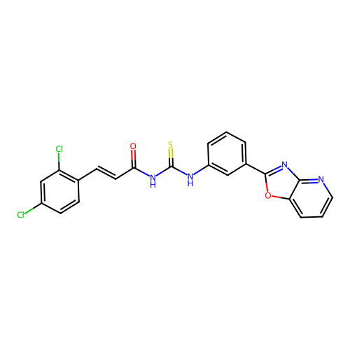 (2E)-3-(2,4-dichlorophenyl)-N-{[3-([1,3]oxazolo[4,5-b]pyridin-2-yl)phenyl]carbamothioyl}prop-2-enamide structure
