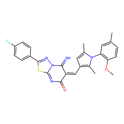 (E)-2-(4-fluorophenyl)-5-imino-6-((1-(2-methoxy-5-methylphenyl)-2,5-dimethyl-1H-pyrrol-3-yl)methylene)-5H-[1,3,4]thiadiazolo[3,2-a]pyrimidin-7(6H)-one structure
