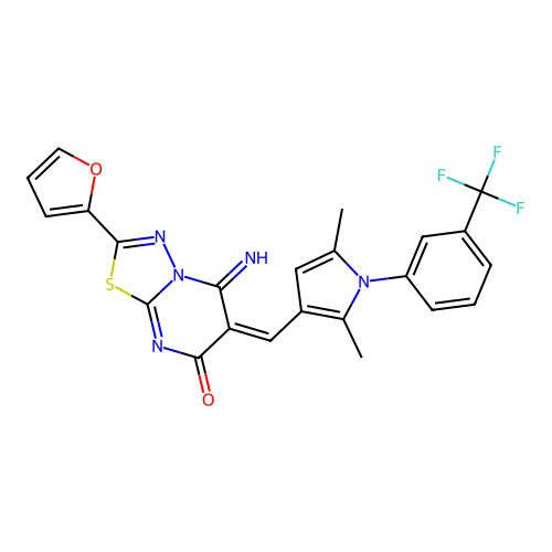 (E)-6-((2,5-dimethyl-1-(3-(trifluoromethyl)phenyl)-1H-pyrrol-3-yl)methylene)-2-(furan-2-yl)-5-imino-5H-[1,3,4]thiadiazolo[3,2-a]pyrimidin-7(6H)-one structure
