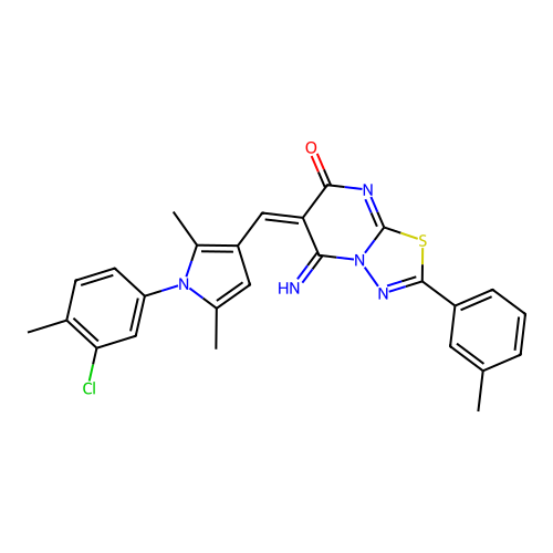 (E)-6-((1-(3-chloro-4-methylphenyl)-2,5-dimethyl-1H-pyrrol-3-yl)methylene)-5-imino-2-(m-tolyl)-5H-[1,3,4]thiadiazolo[3,2-a]pyrimidin-7(6H)-one structure