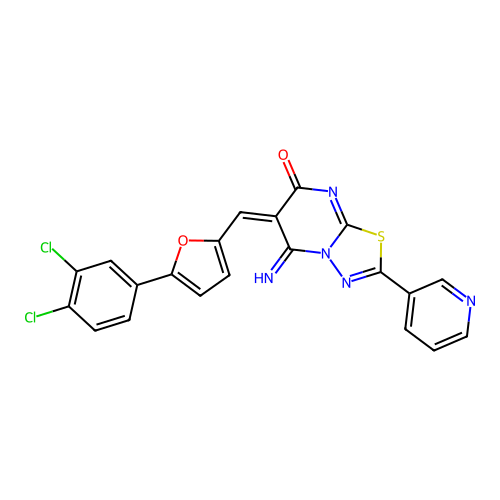 (6E)-6-[[5-(3,4-dichlorophenyl)furan-2-yl]methylidene]-5-imino-2-pyridin-3-yl-[1,3,4]thiadiazolo[3,2-a]pyrimidin-7-one structure