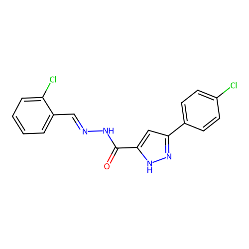3-(4-chlorophenyl)-N'-[(E)-(2-chlorophenyl)methylidene]-1H-pyrazole-5-carbohydrazide structure