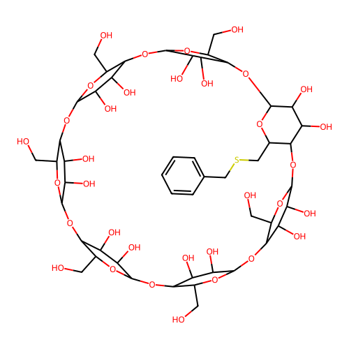 Potassium tris(6-benzylthio-6-deoxy)-beta-cyclodextrin hexadecasulfate structure