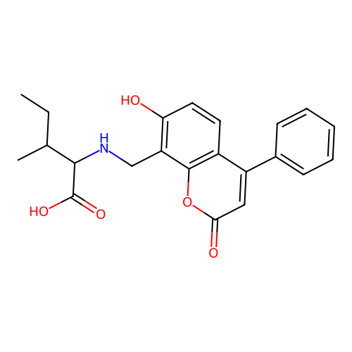 2-(((7-hydroxy-2-oxo-4-phenyl-2H-chromen-8-yl)methyl)amino)-3-methylpentanoic acid structure