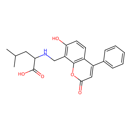 2-(((7-hydroxy-2-oxo-4-phenyl-2H-chromen-8-yl)methyl)amino)-4-methylpentanoic acid structure