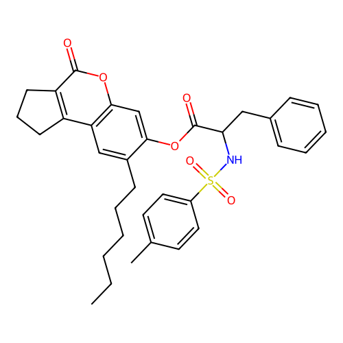 8-hexyl-4-oxo-1,2,3,4-tetrahydrocyclopenta[c]chromen-7-yl 2-(4-methylphenylsulfonamido)-3-phenylpropanoate structure