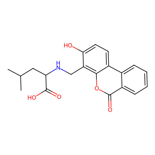 2-(((3-hydroxy-6-oxo-6H-benzo[c]chromen-4-yl)methyl)amino)-4-methylpentanoic acid structure